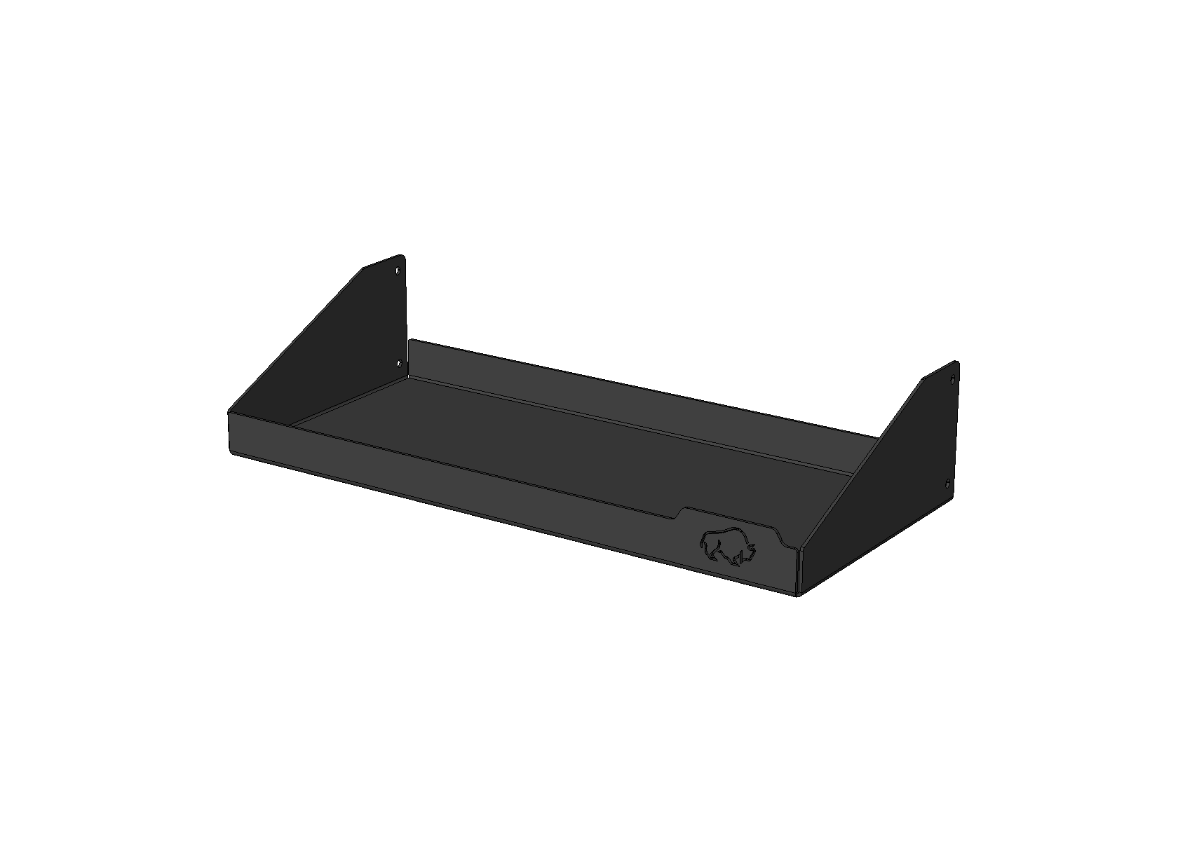3D model of a black powder-coated metal shelf designed to fit inside the ROAMBUILT Universal Aluminum Storage Box, featuring mounting brackets and hardware for easy installation.
