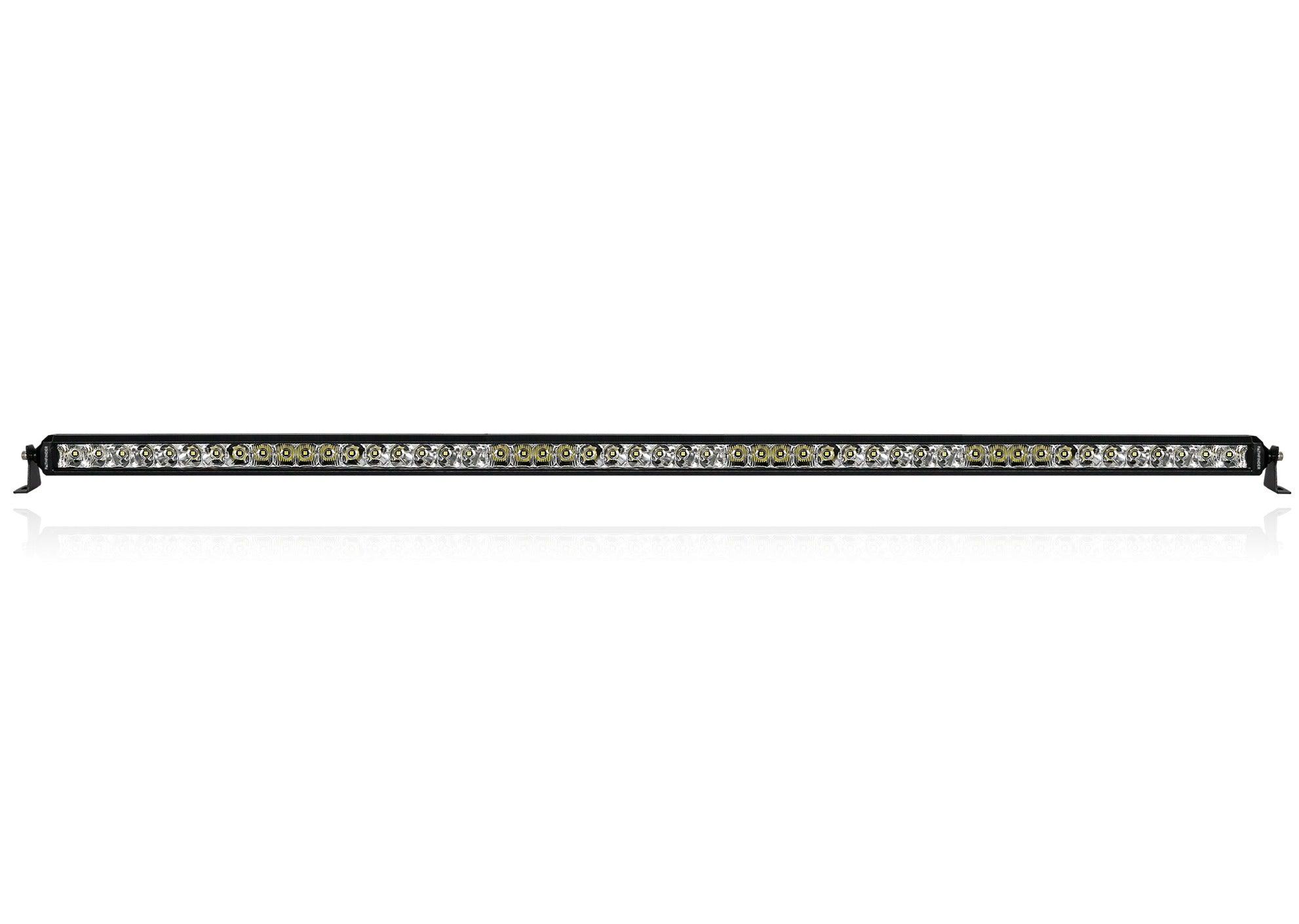 Close-up image of the ROAMBUILT 50" Pathfinder single-row flood/spot LED light bar, showing the durable aluminum housing and lens details.