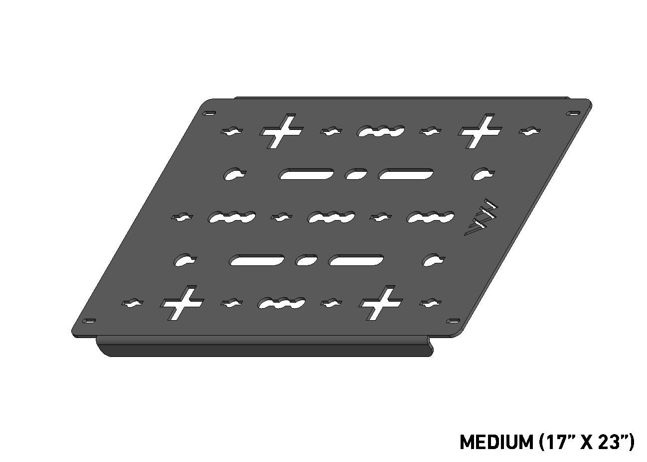 3D view of the ROAMBUILT 17x23-inch aluminum roof rack deck panel featuring a sleek black powder-coated finish, universal mounting cutouts, and clean, smooth edges.