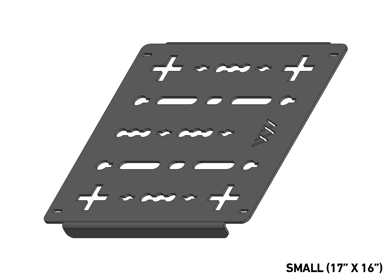 3D view of the ROAMBUILT 17x16-inch aluminum roof rack deck panel showing its black powder-coated surface with universal mounting cutouts and smooth edges.