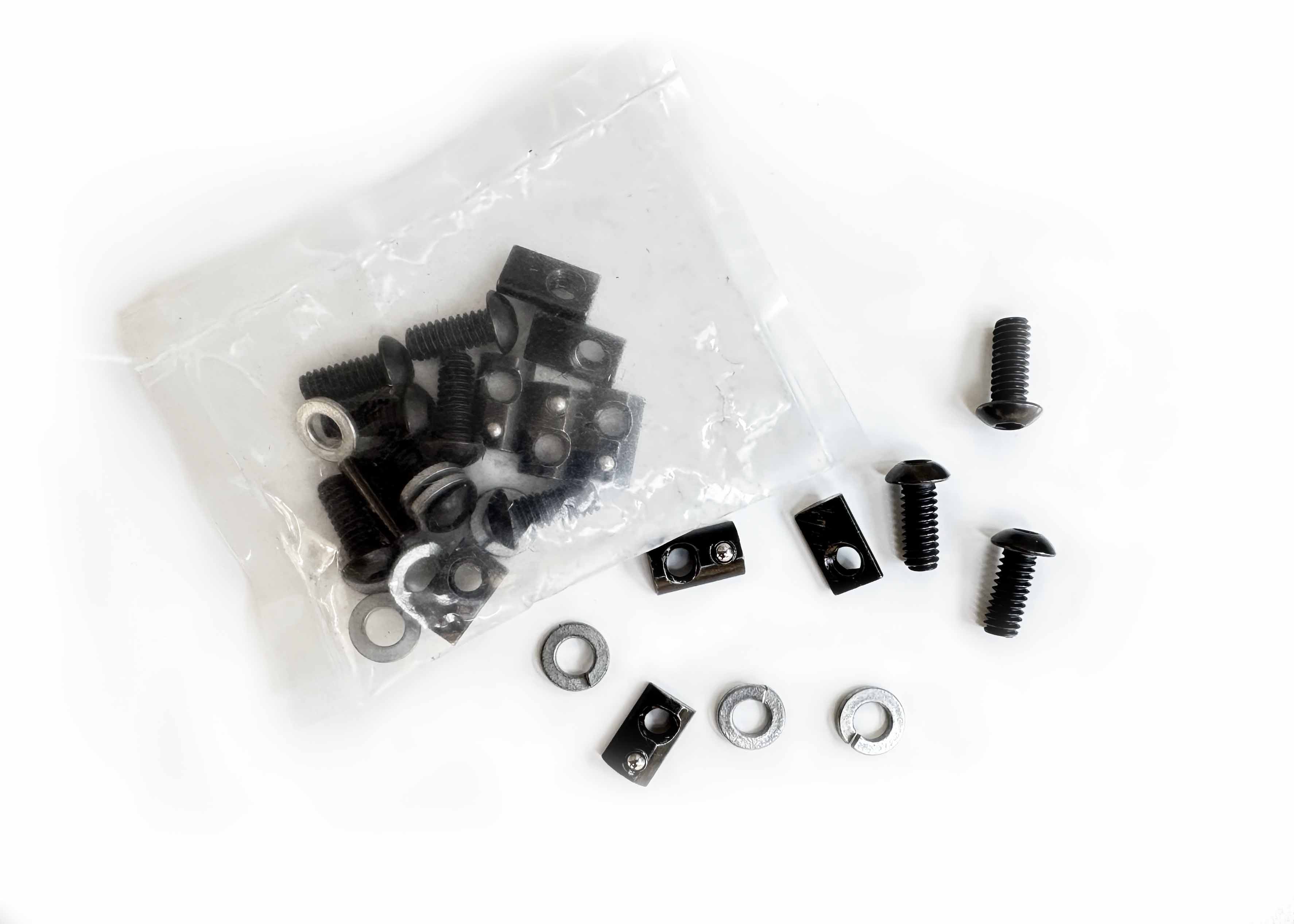 Clear bag containing ROAMBUILT Flatpack Roof Rack accessory mounting hardware kit, showing 10 black oxide slide-in T-nuts, 10 lock washers, and 10 black oxide screws neatly arranged.