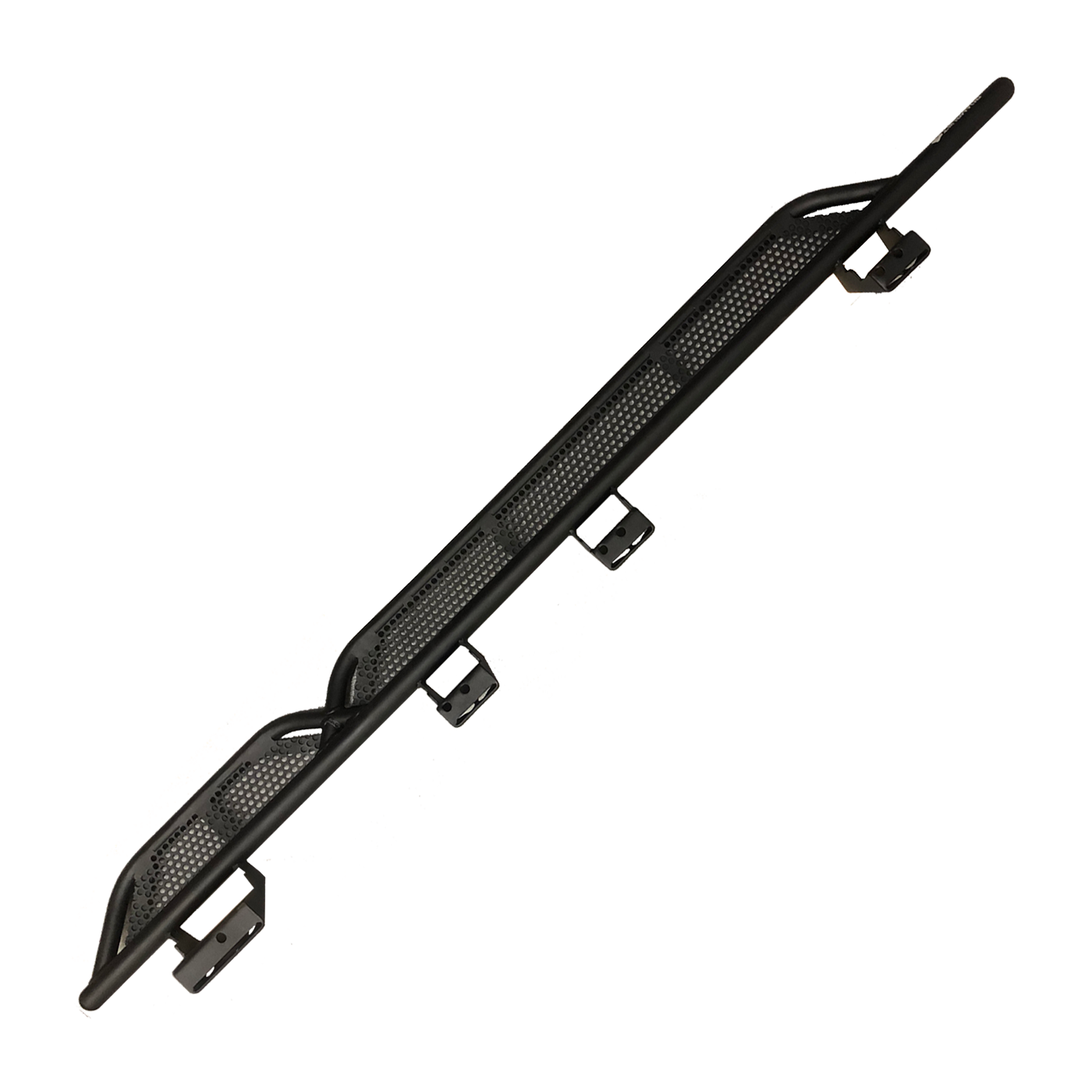 Top-down view of the full ROAMBUILT Passenger Side Tube Step unmounted, showing its length and perforated aluminum decking from front to back.