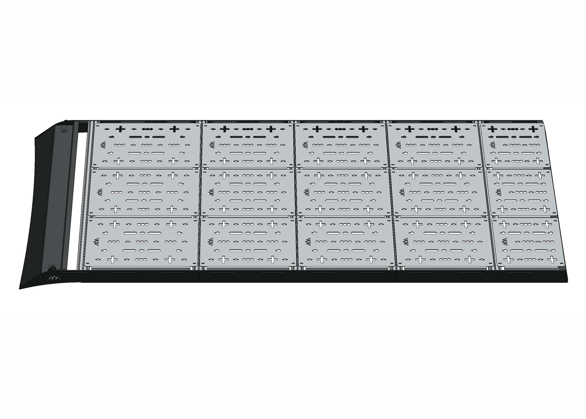 3D render of full ROAMBUILT roof deck with no cutouts, showing a seamless, solid platform across the entire roof of the van for maximum utility.