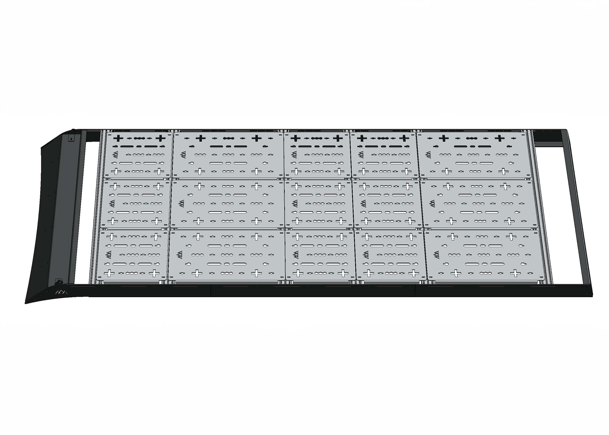 3D side profile view showing the entire ROAMBUILT roof deck fully covered with accessory panels across the roof rack system.