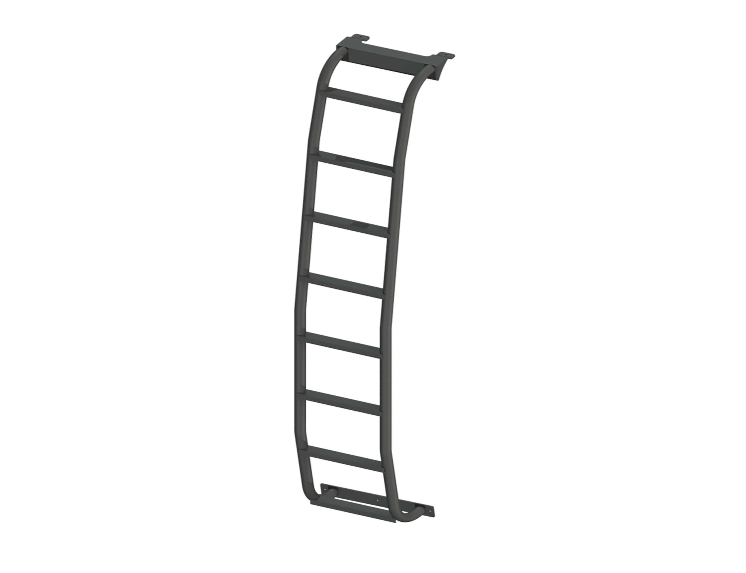 3D model rendering of the ROAMBUILT Straight Side Ladder for Mercedes Sprinter vans, shown uninstalled with mounting brackets and full-length view of ladder structure.
