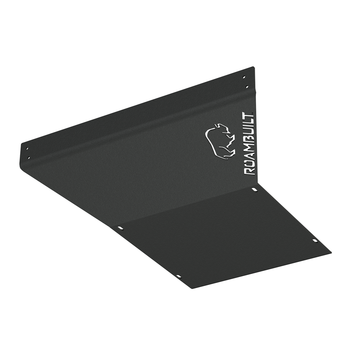 3D underside drawing of the Mercedes Sprinter Skid Plate showing its formed aluminum design, mounting points, and protective coverage for 2019–2025 4x4 Sprinter models.