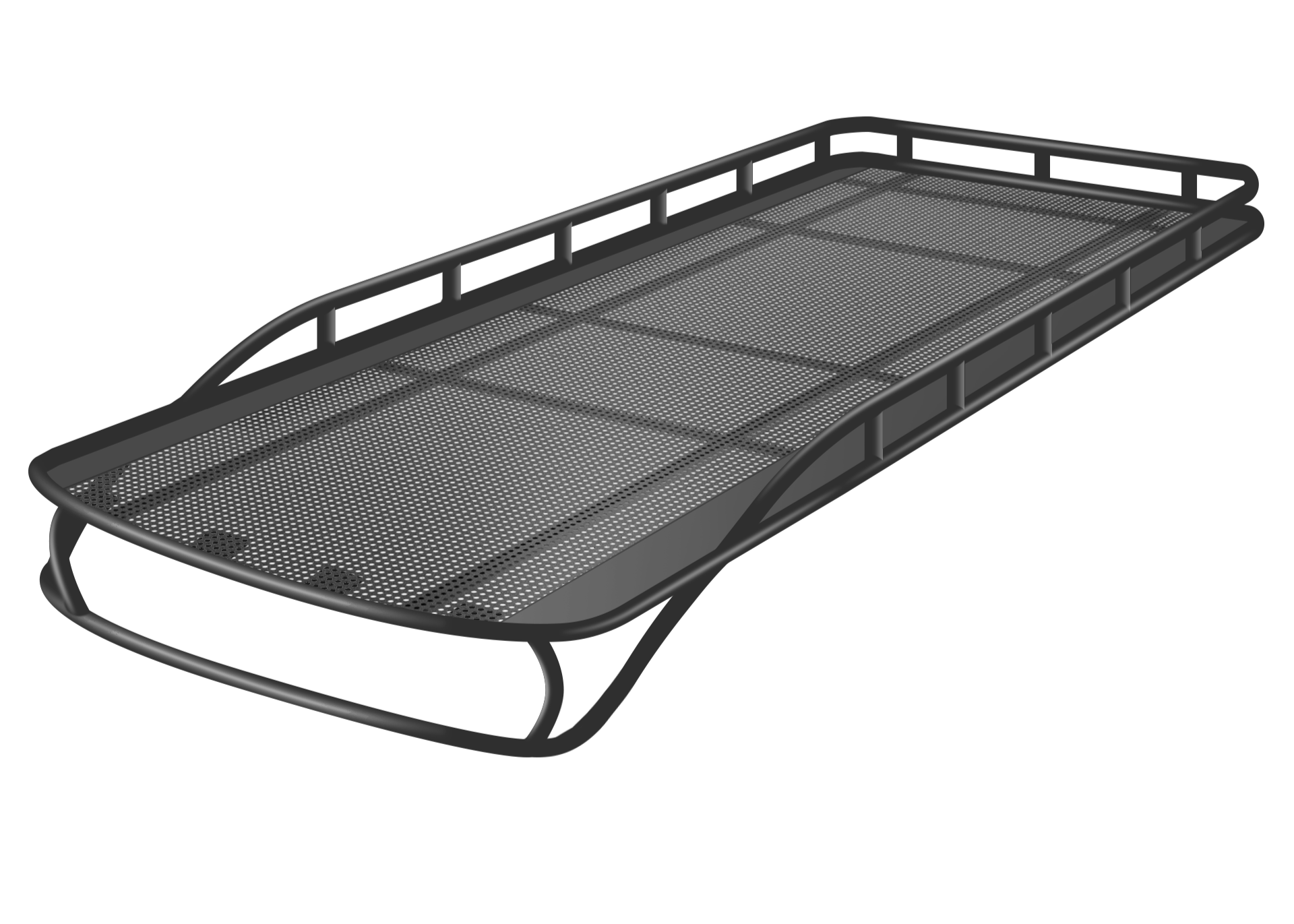 3D model drawing of the Safari 2.0 roof rack for Mercedes Sprinter vans, showing a clean, modular design with no hole cutouts or accessories mounted.